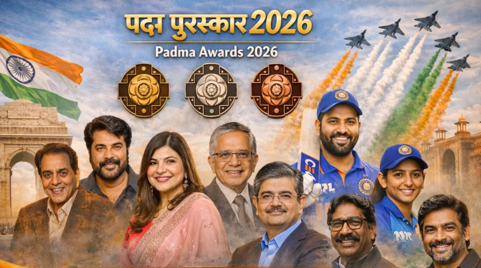 पद्म पुरस्कार 2026: राष्ट्रपति द्रौपदी मुर्मू ने 65 हस्तियों को किया सम्मानित, ममूटी, रोहित शर्मा और आर. माधवन को मिले नागरिक सम्मान
